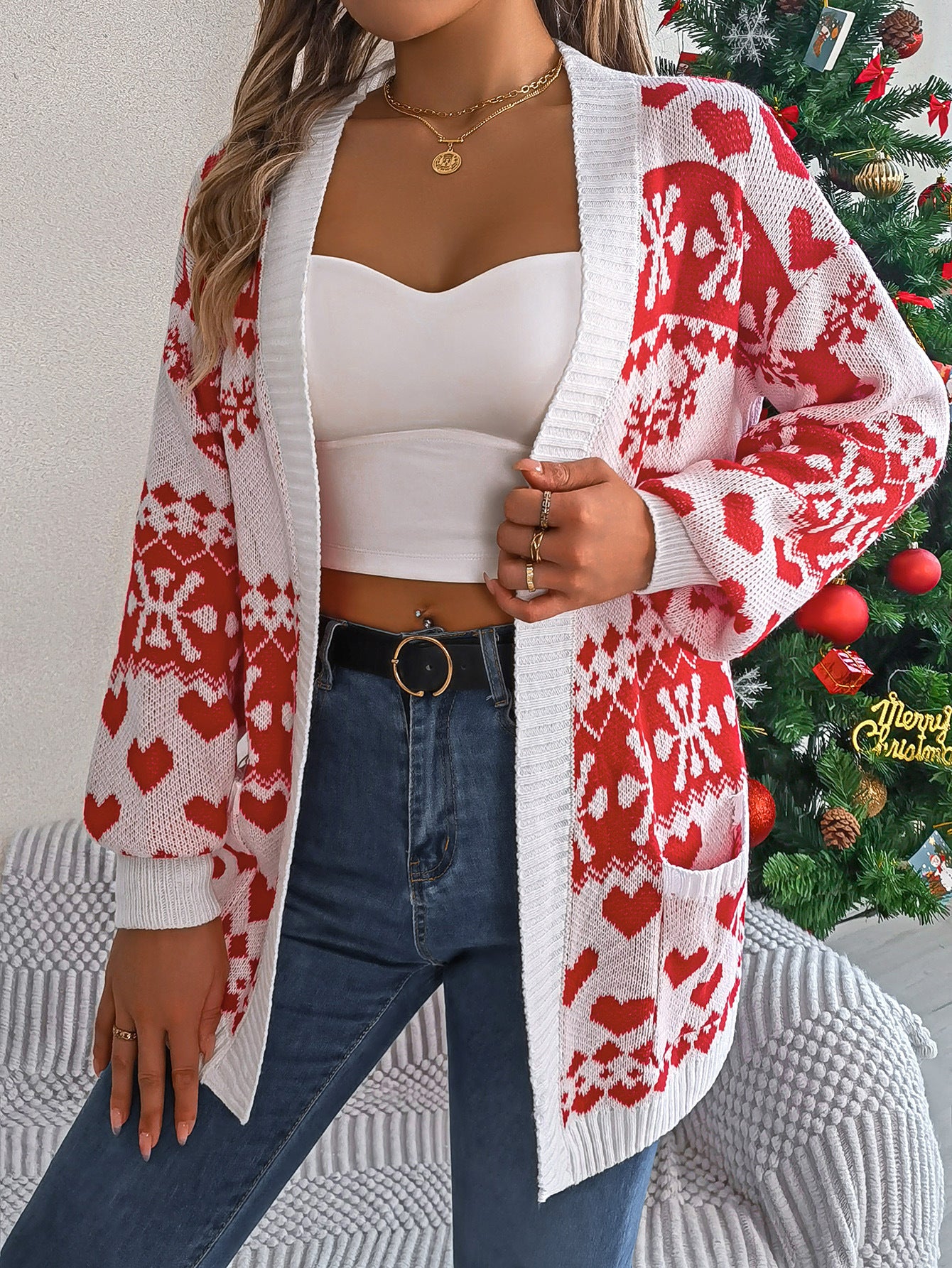 Kerstmis Unieke Stijlvolle Oversized Gebreide Kerst Truivest met Gebreide All-Over Hertenprint en Zakken voor Dames & Meiden