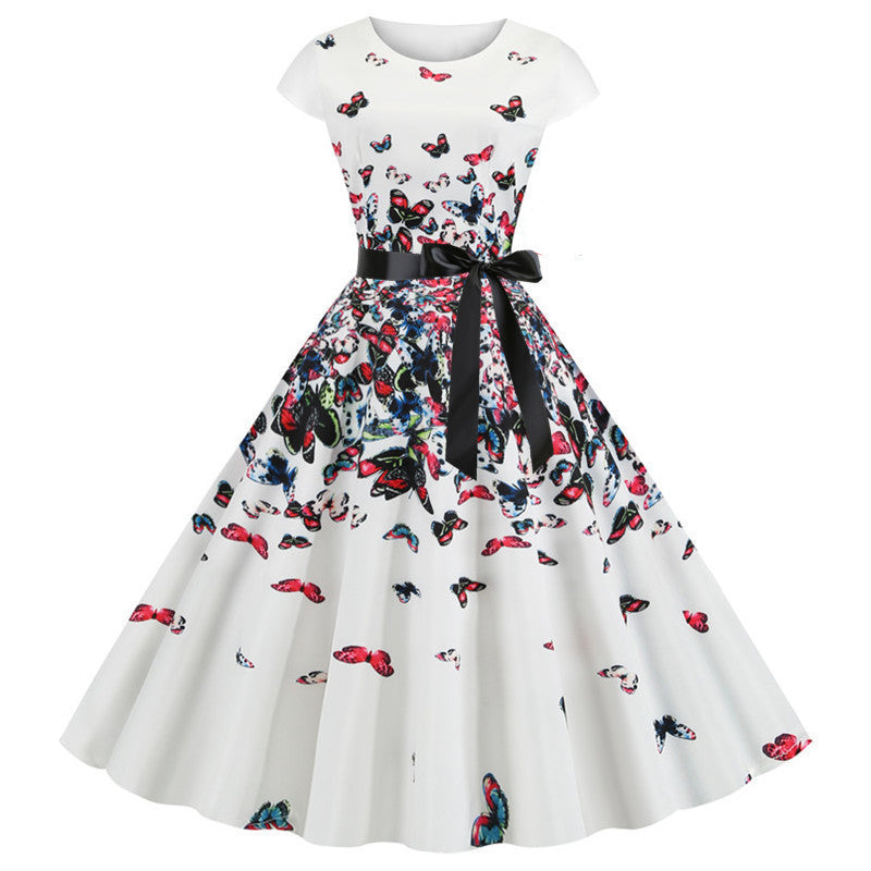 Hepburn Style Retro Bloemenprint Swingjurk met Ronde Hals en Korte Mouwen voor Dames & Plus-size