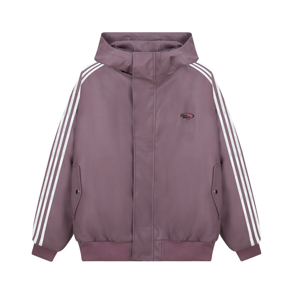 Casual Gestreepte Jas van PU-Leer met Capuchon en Rits voor Heren