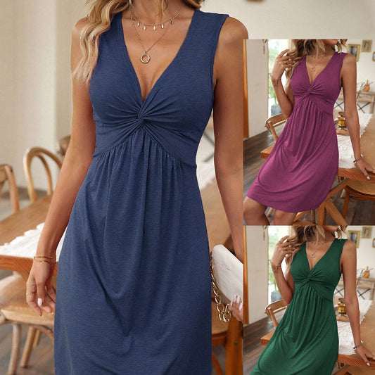 Stijvolle in Effen Kleur Mouwloze V-hals Midi-jurk voor Dames