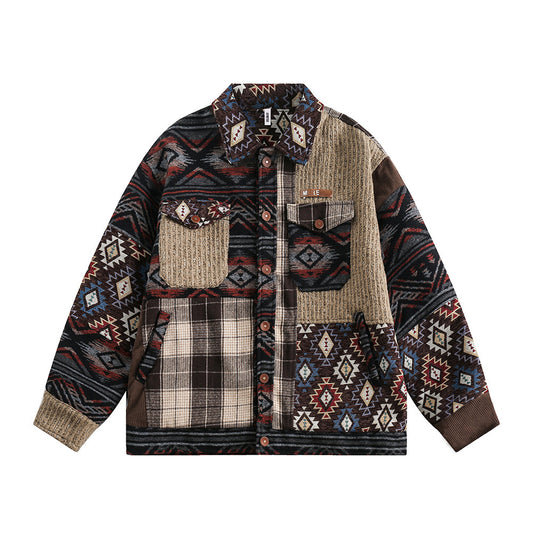 Vintage Losse Splitjacket met Patches en Etnische Patroon  voor Heren