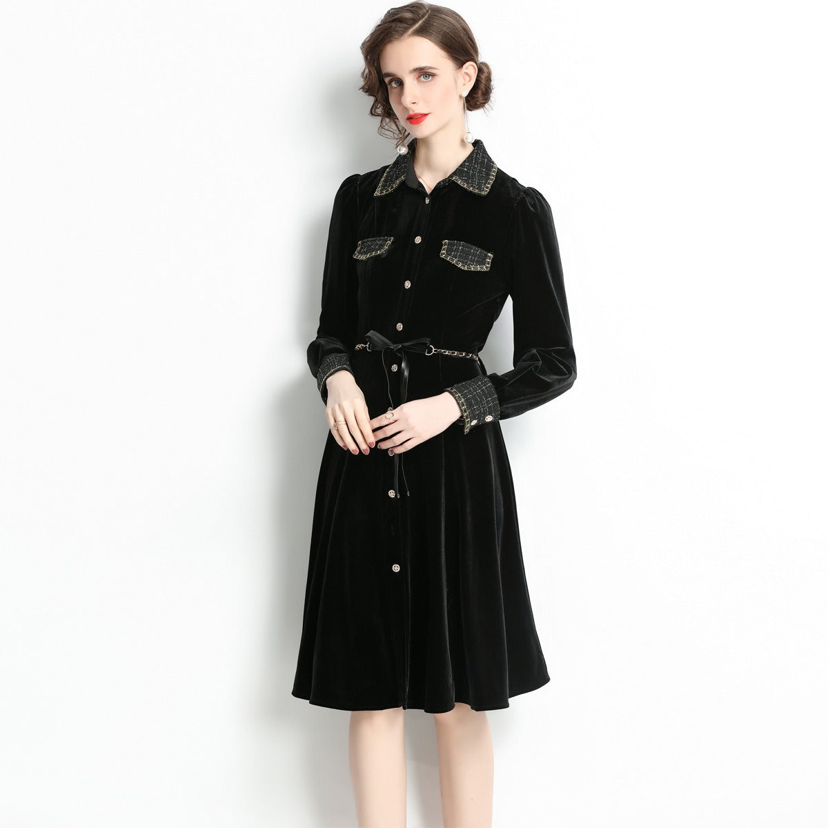 Franse Vintage Elegante Formeel/Feestjurk van Fluweel Opstaande Kraag en Plooien voor Dames & Plus-Size