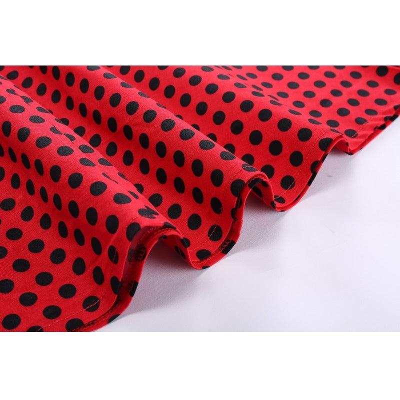 Hepburn Style Casual Vintage Rode Jurk met Korte Mouwen en Stippen-patroon voor Dames & Plus-size