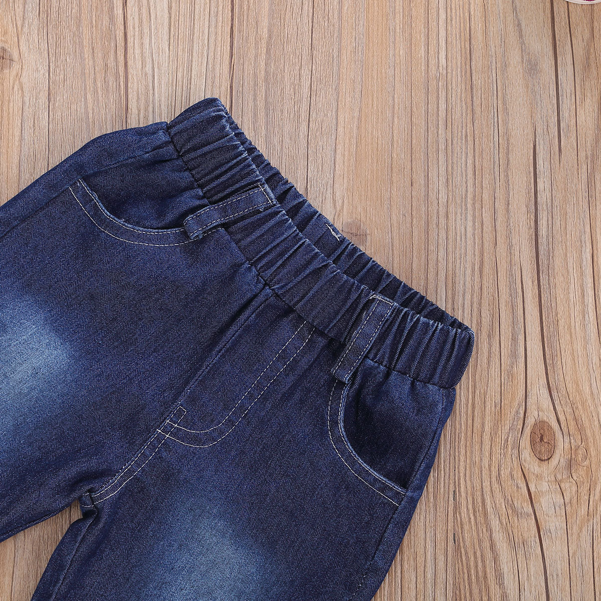 Kinderoutfit 2-delig Zonneprint T-shirt met Korte Mouwen & Denim Fakkel met Zonnebloemprint voor Peuters/ Kinderen