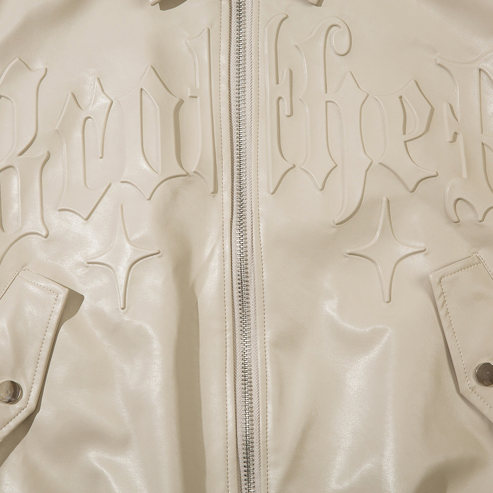 Trendy Losse Jacket van PU-Leer in Effen Kleur met Geborduurde Letters voor Heren