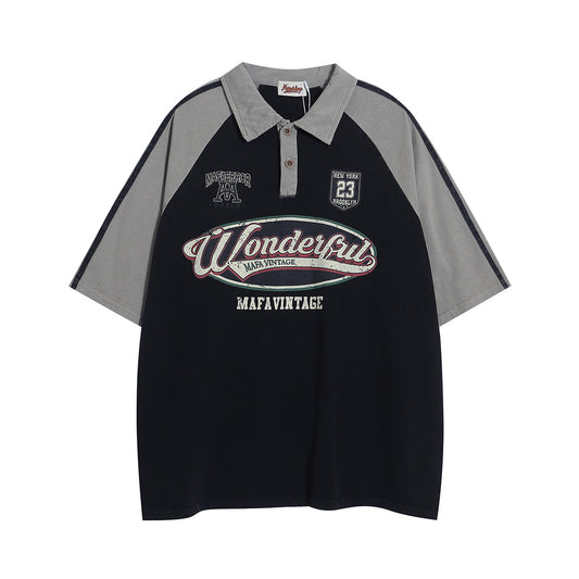 Klassieke Casual Effen Kleur Vintage Sportstijl Poloshirt met Letterprint en Korte Mouwen voor Heren