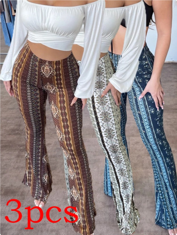 Stijlvolle Elegante Hoge Taille Strakke Stretch Boho Flare Broek met Bedrukte Paisley en Streepmotief voor Dames & Plus-size