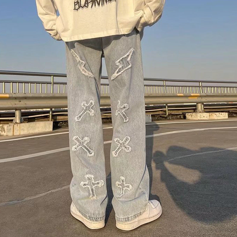 High Street Amerikaanse stijl Hip Hop Jeans met Patch en Wijde Pijpen voor Heren / Jongens & Heren Plus-size