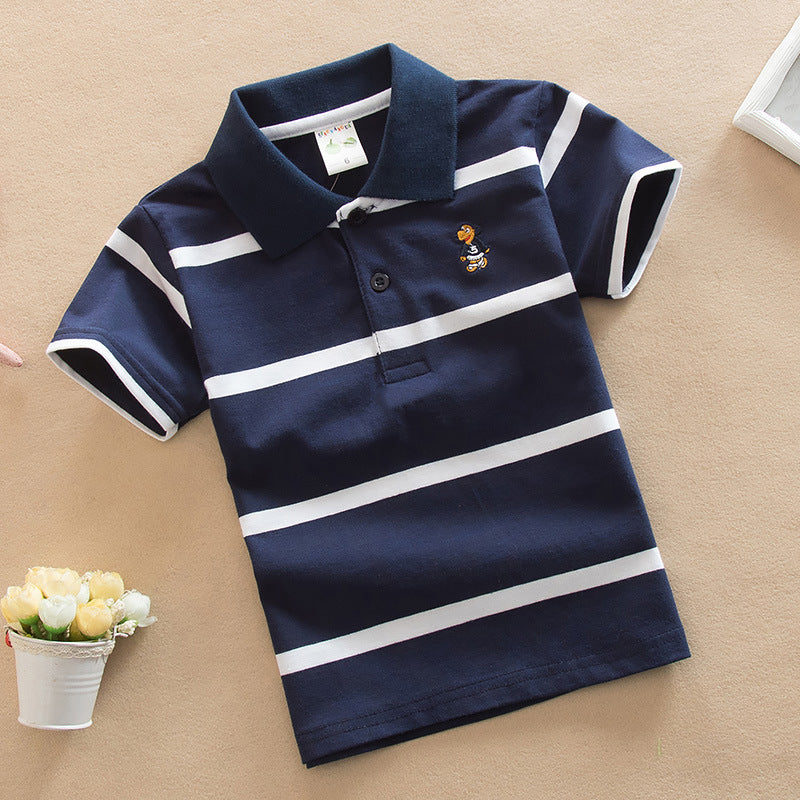 Casual Gestreepte Korte Mouw Poloshirt met Knoopsluiting en Geboduurde Cartoon voor Kinderen