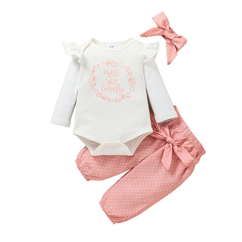 Trendy 3-delige Set Baby Meisjes Romper met Lange Mouwen, Strikhaarband & Broek met Strik
