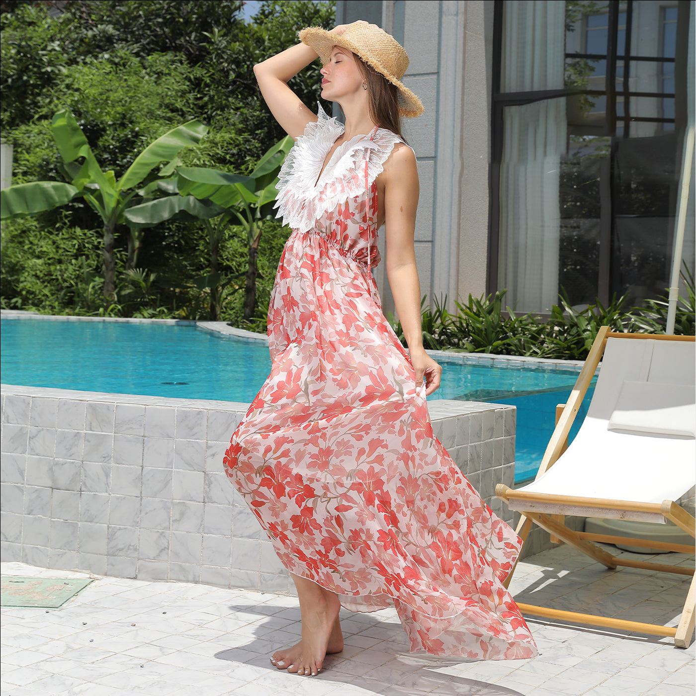 Casual Vintage Mouwloze Bloemenprint V-hals Maxi-jurk met Open Rug en Kraag van Kant voor Dames & Plus-size