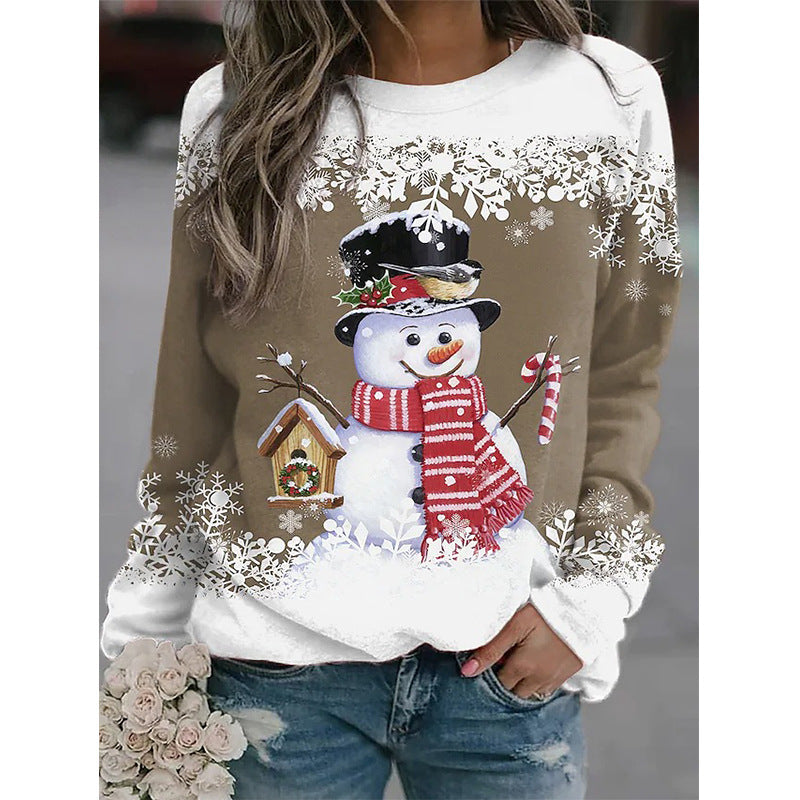 Kerstmis Casual Oversized Bedrukte Sneeuwpop-Print Sweatshirt met Ronde Hals