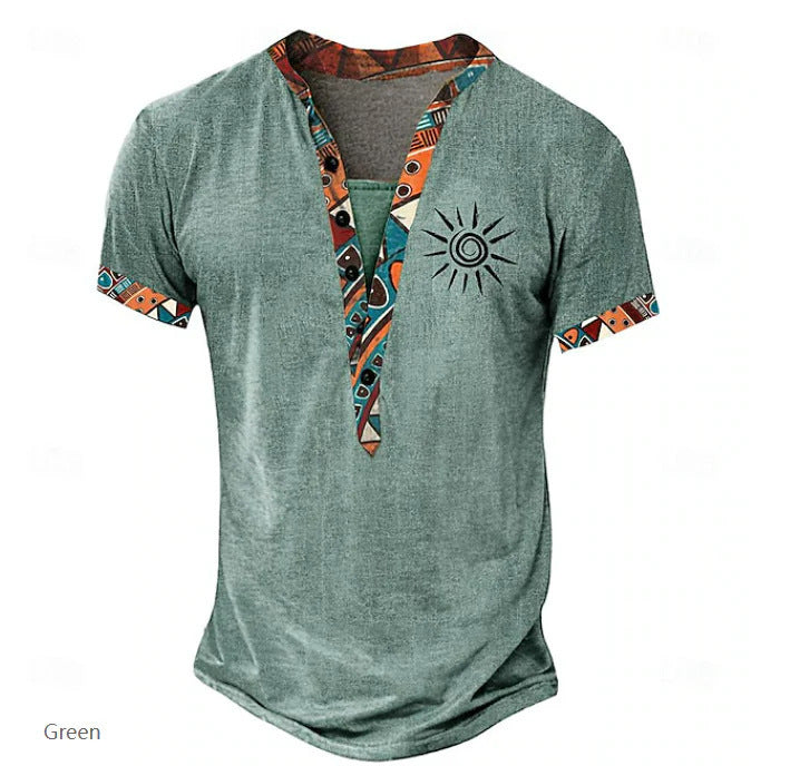 Amerikaanse Casual Effen Kleur 3D-bedrukte Vintage-print V-hals T-shirt met Korte Mouwen en Knoopsluiting voor Heren