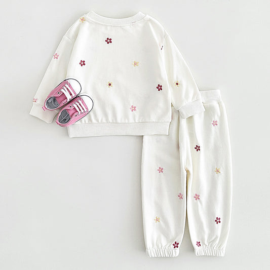 Casual Tweedelig Set Sweatshirt & Broek met Geborduurde Bloementjes voor Baby's/ Peuters