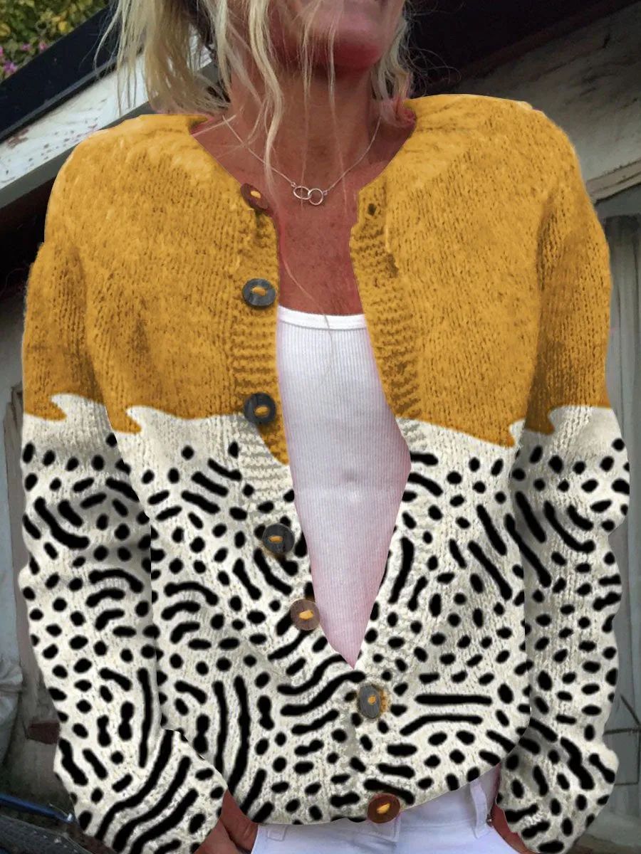 Elegante Casual 3D Digitaalprint Gebreide Trui-vest met Lange Mouwen en Knoopsluiting voor Dames & Plus-size