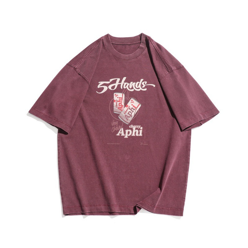 Trendy Retro Effen Kleur Oversized Washed Vintage Letterprint T-shirt met Ronde Hals en Korte Mouwen voor Unisex