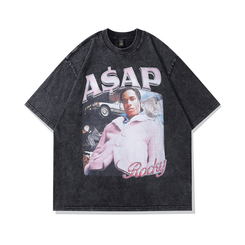 Modieuze Klassieke Effen Kleur Oversized Casual Vintage Washed Cartoonprint T-shirt met Ronde Hals en Korte Mouwen voor Heren & Jongens