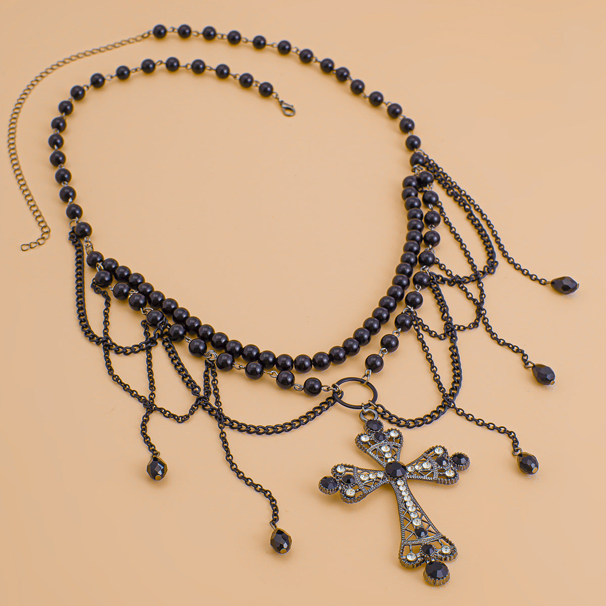 Retro Punkstijl 2-delige Set Gothic Gelaagde Choker/Tailleketting en Bijpassende Gothic Nagelsieraden met Kruis voor Dames