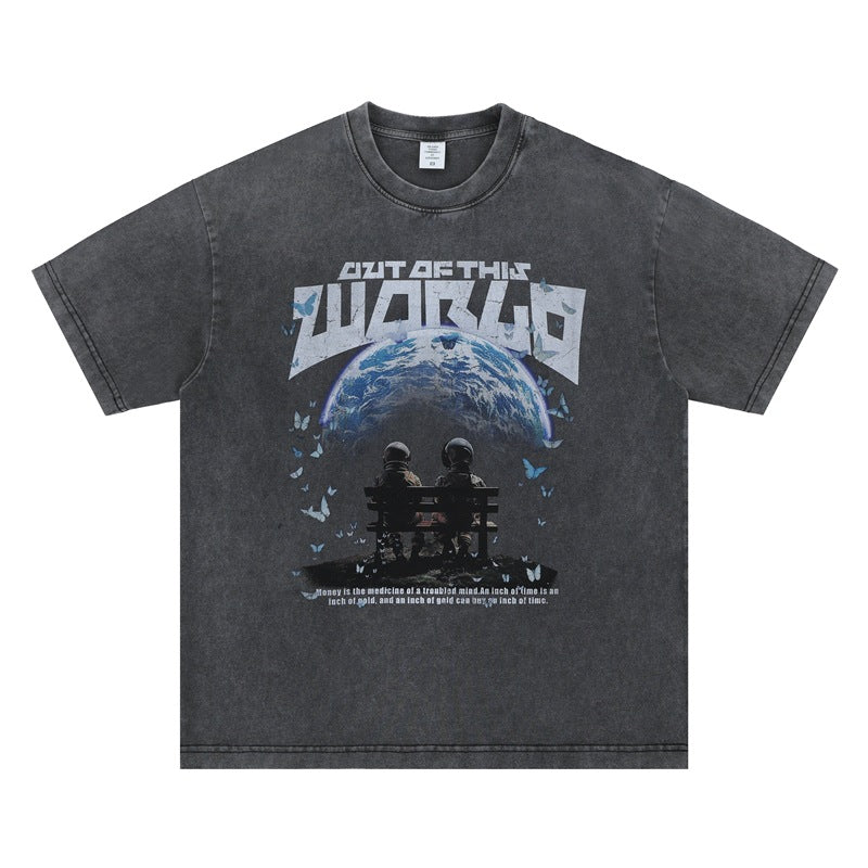 Stijlvolle Streetwear Effen Kleur Oversized Casual Vintage Washed Ronde Hals T-shirt met Cosmic Journey en Korte Mouwen voor Heren