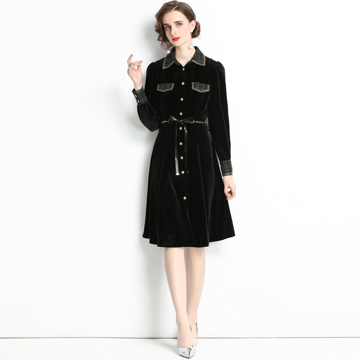Franse Vintage Elegante Formeel/Feestjurk van Fluweel Opstaande Kraag en Plooien voor Dames & Plus-Size