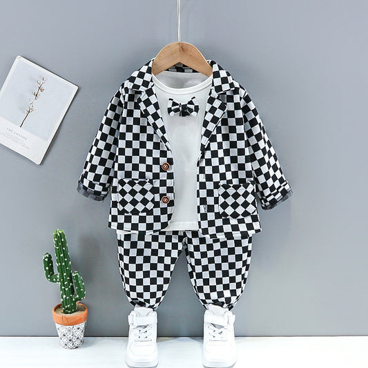 Trendy Kinderset Casual Kleurrijke Opstaande Kraag Geruite Blazertje en Longsleeve Shirt met Geborduurde Strikje en Bijpassende Geruite Pantalon voor Jongetjes