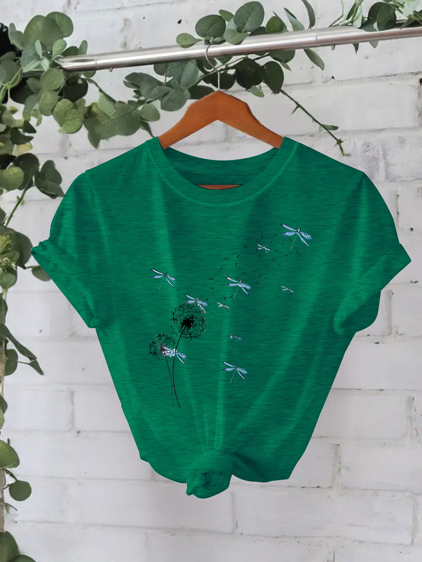 Stijlvolle Basic Streetwear Effen Kleur Casual Ronde Hals T-shirt met Paardenbloemmotief en Korte Mouwen voor Dames & Plus-Size