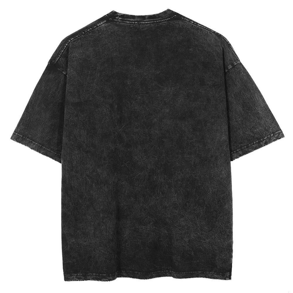 Hiphopstijl Klassieke Effen Kleur Oversized Casual Vintage Washed Cartoonprint T-shirt met Ronde Hals en Korte Mouwen voor Heren, Zwart Vintage