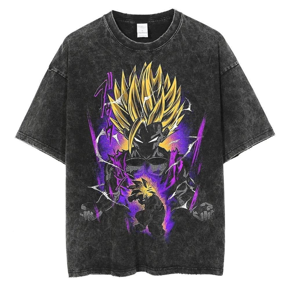 Hiphopstijl Klassieke Effen Kleur Oversized Casual Vintage Washed Cartoonprint T-shirt met Ronde Hals en Korte Mouwen voor Heren, Zwart Vintage