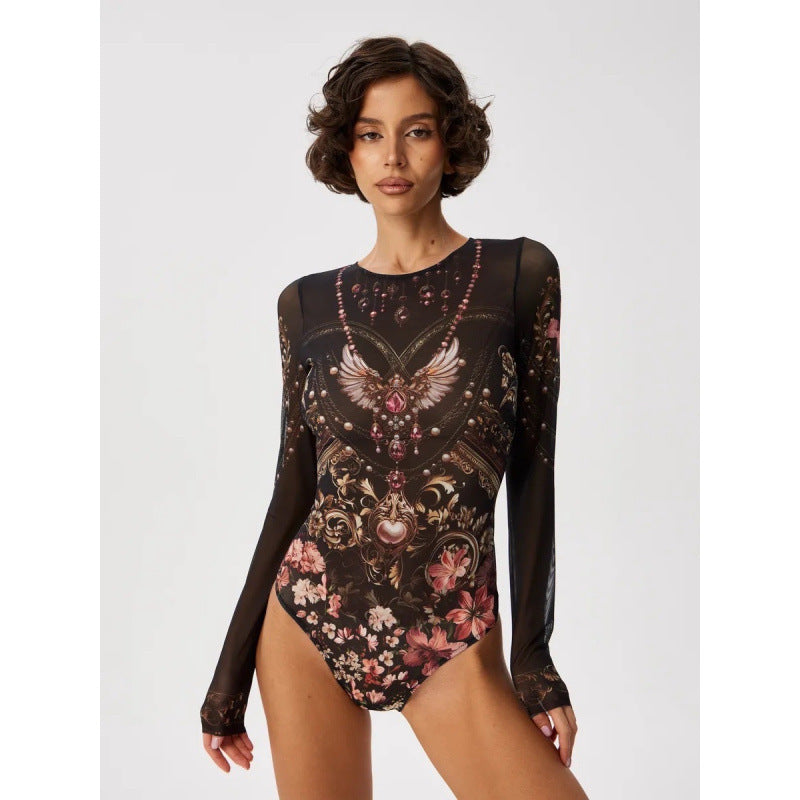 Europese Elegante ééndelig Effen Kleur Strand Bodysuit/ Badpak met All-Over Bedrukking en Lange Mouwen