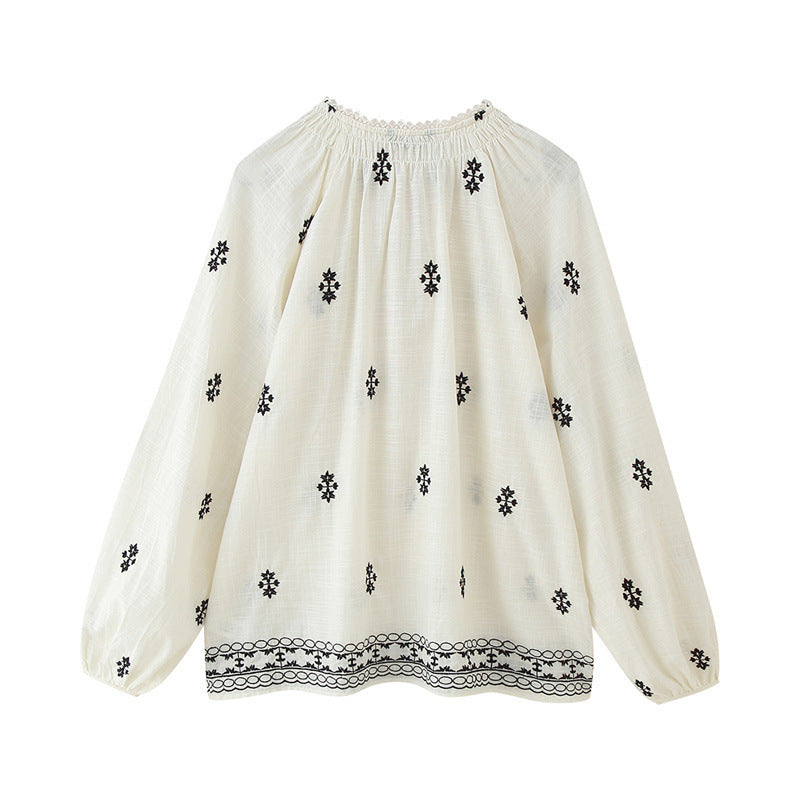 Europese Modieuze Casual Vintage Oversized Geborduurde Shirt met Lange Mouwen en Trekkoord voor Dames & Meiden