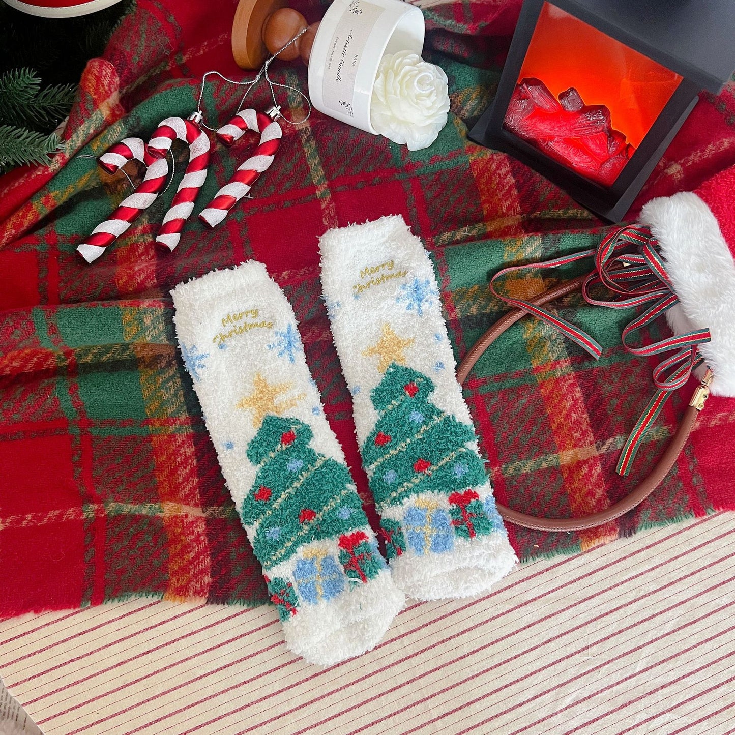 Kerstmis Schattige Thermische Fleece Kerstsokken met Kerstpatroon voor Binnenshuis voor Dames