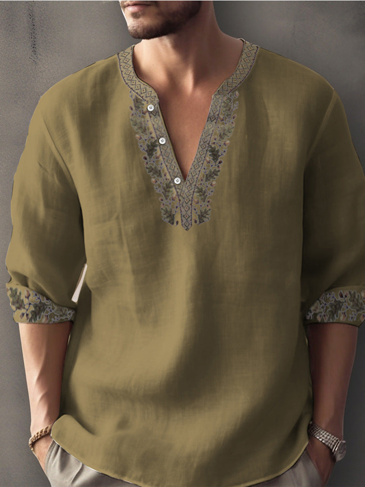 Europese Casual Oversized Kleurmatching Bamboe Linnen T-shirt met 3D Bedrukte Henleykraag en Lange Mouwen voor Heren