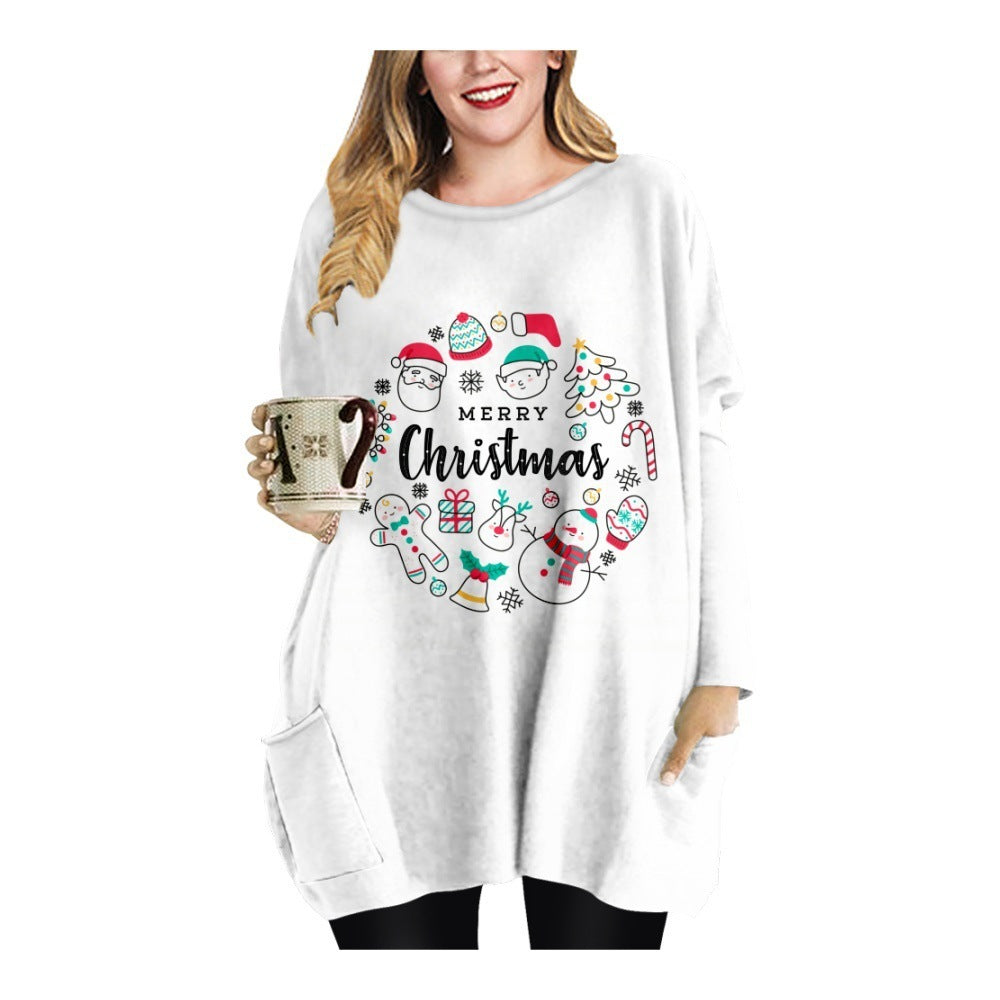 Kerstmis Trendy Stijlvolle Oversized Lange Kerstjurk met Kerstmismotief en Ronde Hals voor Dames & Plus-size