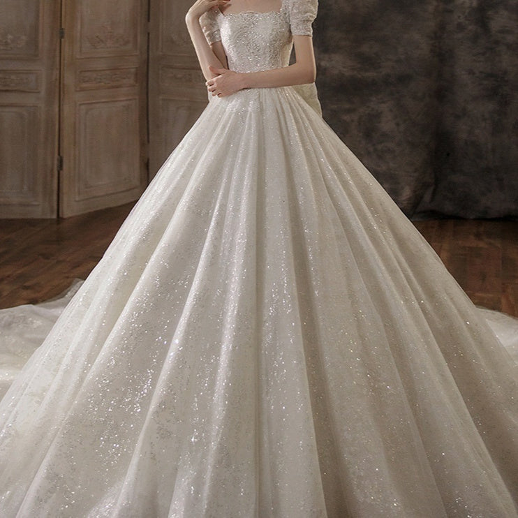 Elegante Schitterde Temperament Retro Glitters Pailletten en Kralen Trouwjurk in Mori Stijl van Tule & Kant met Sleep en Grote Strik Vetersluiting voor Dames & Plus-size