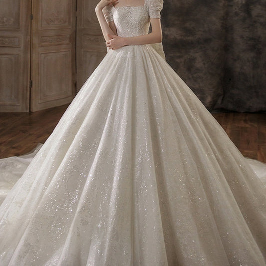 Elegante Schitterde Temperament Retro Glitters Pailletten en Kralen Trouwjurk in Mori Stijl van Tule & Kant met Sleep en Grote Strik Vetersluiting voor Dames & Plus-size