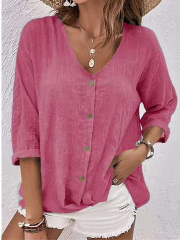 Casual Oversized Effen Kleur V-hals Blouse met Lange Mouwen en Knoopsluiting voor Dames & Plus-size