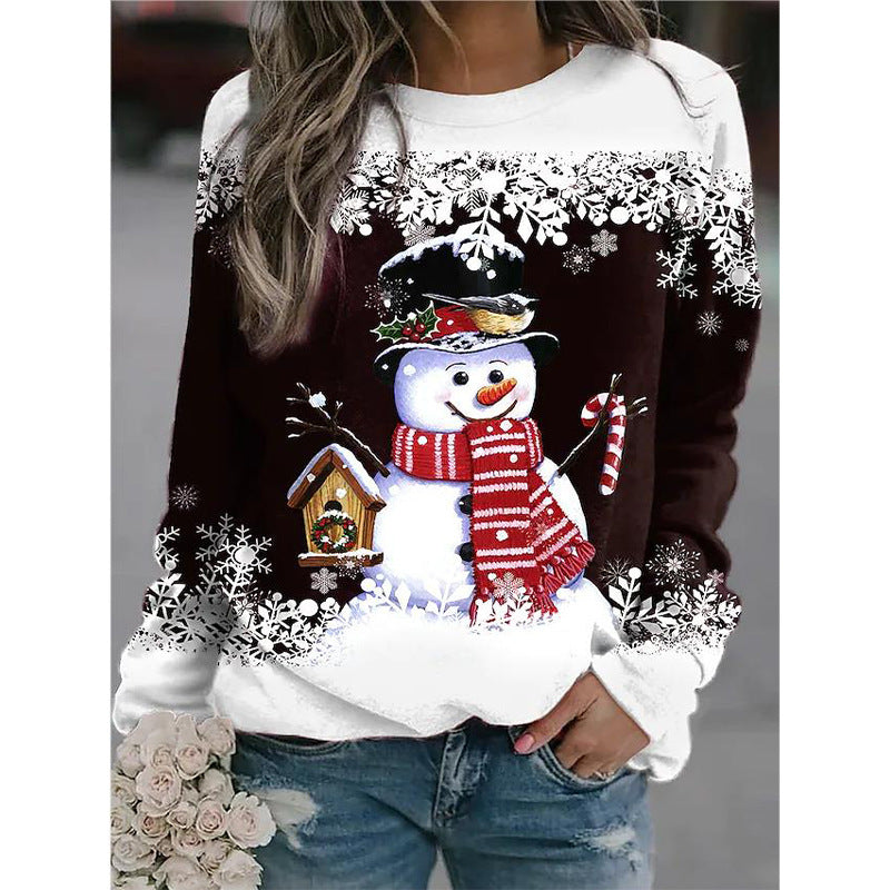 Kerstmis Casual Oversized Bedrukte Sneeuwpop-Print Sweatshirt met Ronde Hals