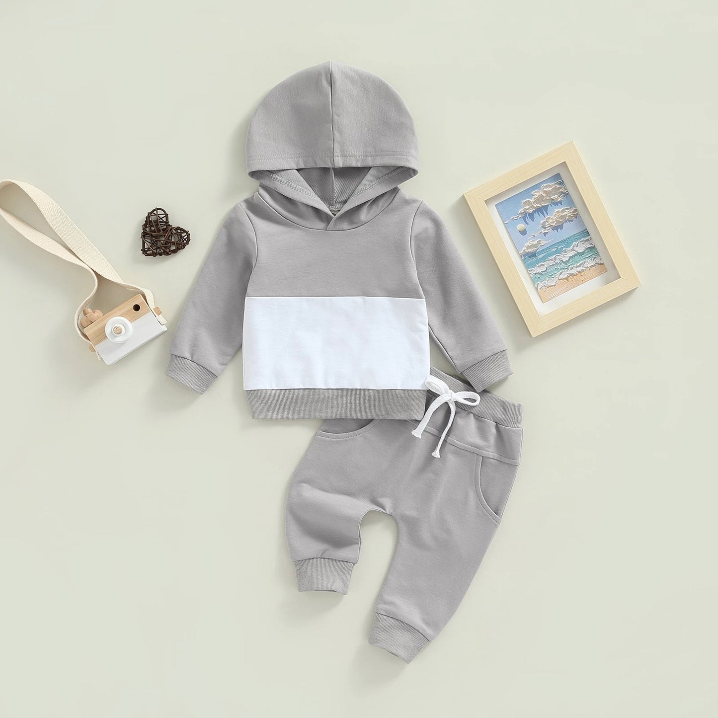 Casual Effen Kleur Hoodie met Patchwork & Broek 2-delige Set voor Peuters/ Kinderen