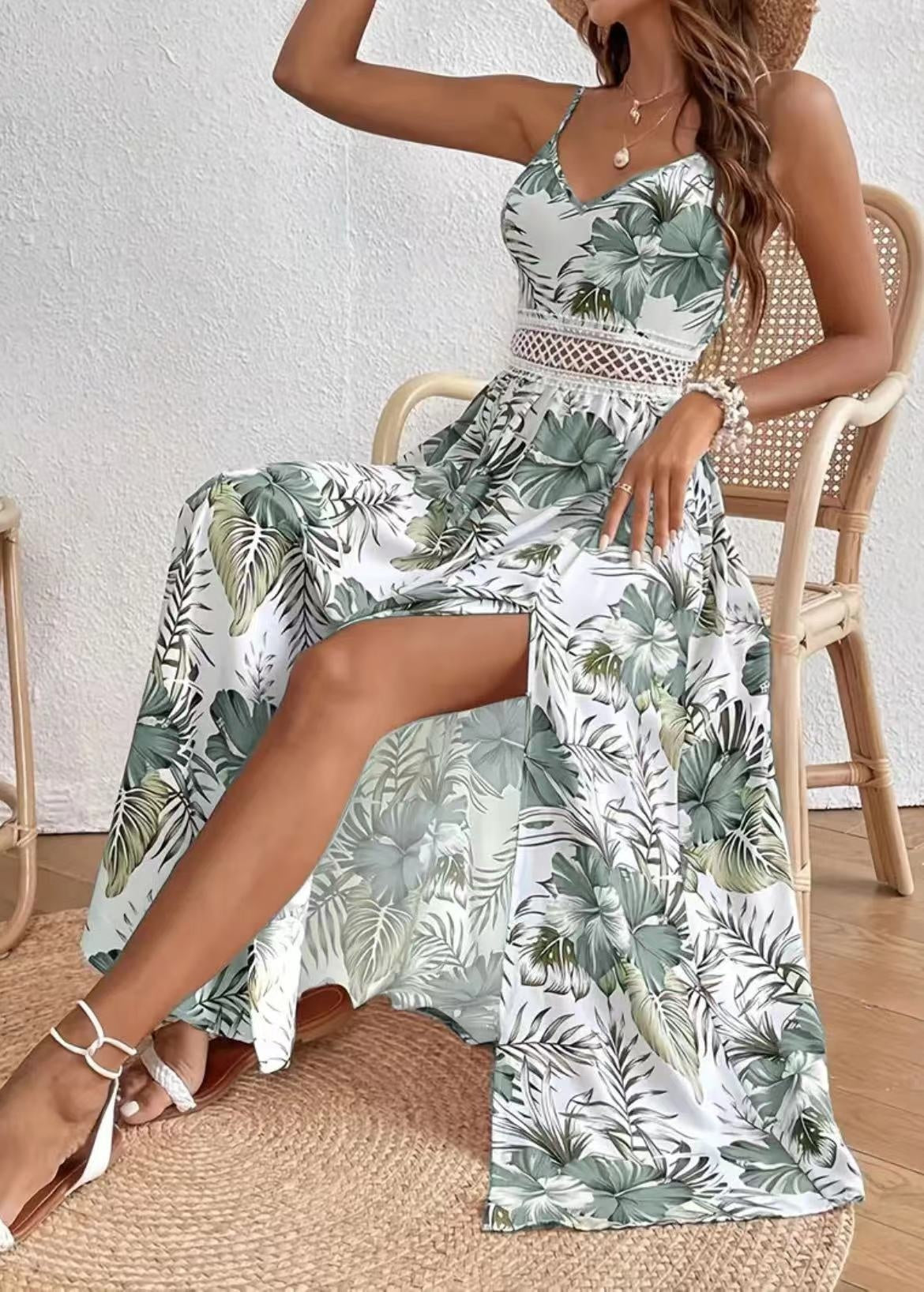 Stijlvolle Elegante Mouwloze V-hals Bloemenprint Maxi-jurk met Geborduurde Patroon  en Hoge Split voor Dames/Plus-size & Meiden