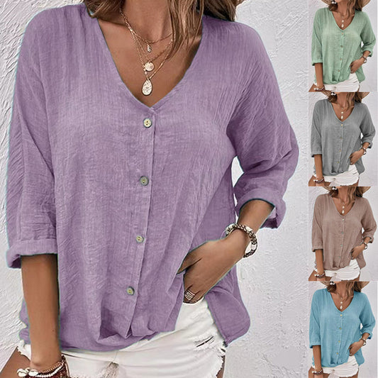 Casual Oversized Effen Kleur V-hals Blouse met Lange Mouwen en Knoopsluiting voor Dames & Plus-size
