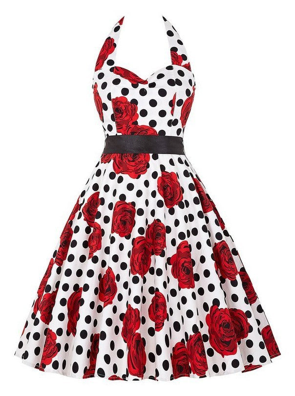 Hepburn Style Retro Effen Kleur Halterjurk van Chiffon met Stippenprint voor Dames & Plus-size