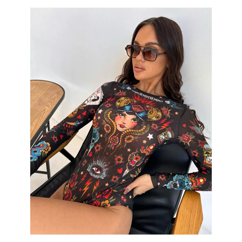 Europese Elegante ééndelig Effen Kleur Strand Bodysuit/ Badpak met All-Over Bedrukking en Lange Mouwen