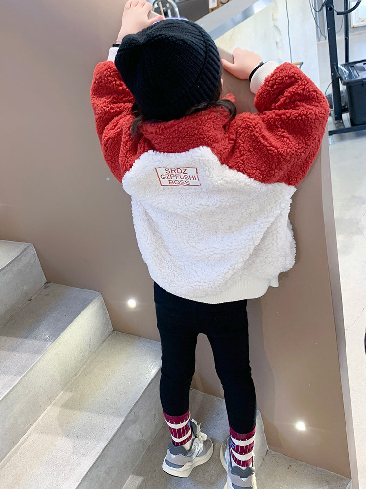 Twee Kleuren Fluwelen Dikke Vest met Rits voor Meisjes