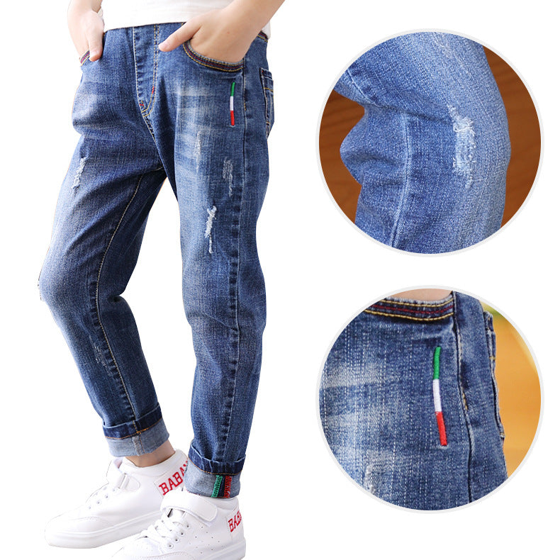 Europese Trendy Casual Ripped Washed Stretch Demin Jeans met Zakken voor Kinderen