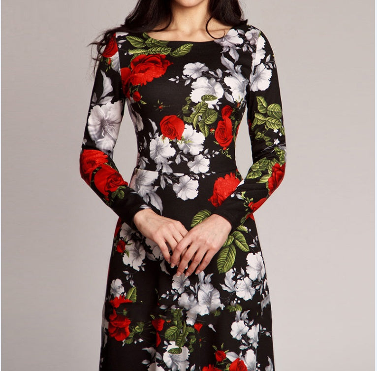 Europese Elegante Vintage Bloemenprint Maxi Jurk met Lange Mouwen voor Dames & Plus-size