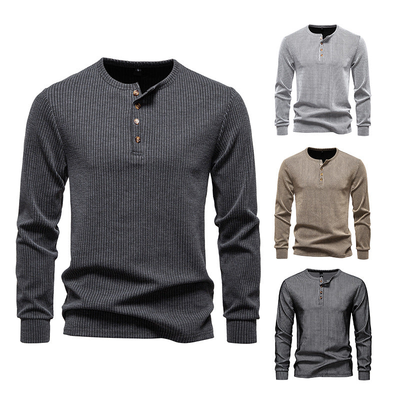 Modieuze Casual Gestreepte Henley Slim Fit Ronde Hals T-shirt met Halve Knoopsluiting en Lange Mouwen voor Heren & Jongens