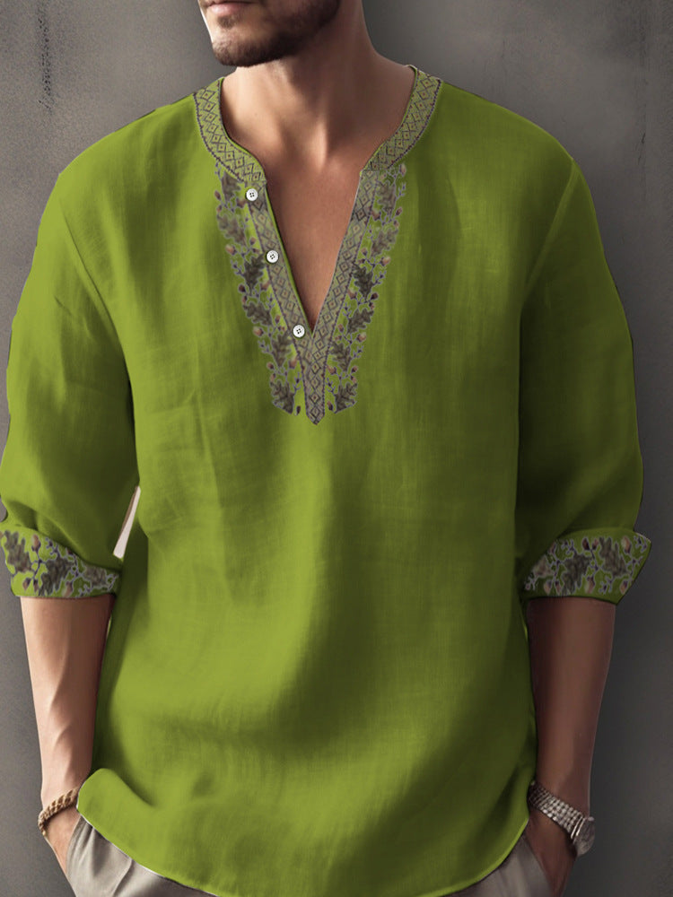 Europese Casual Oversized Kleurmatching Bamboe Linnen T-shirt met 3D Bedrukte Henleykraag en Lange Mouwen voor Heren