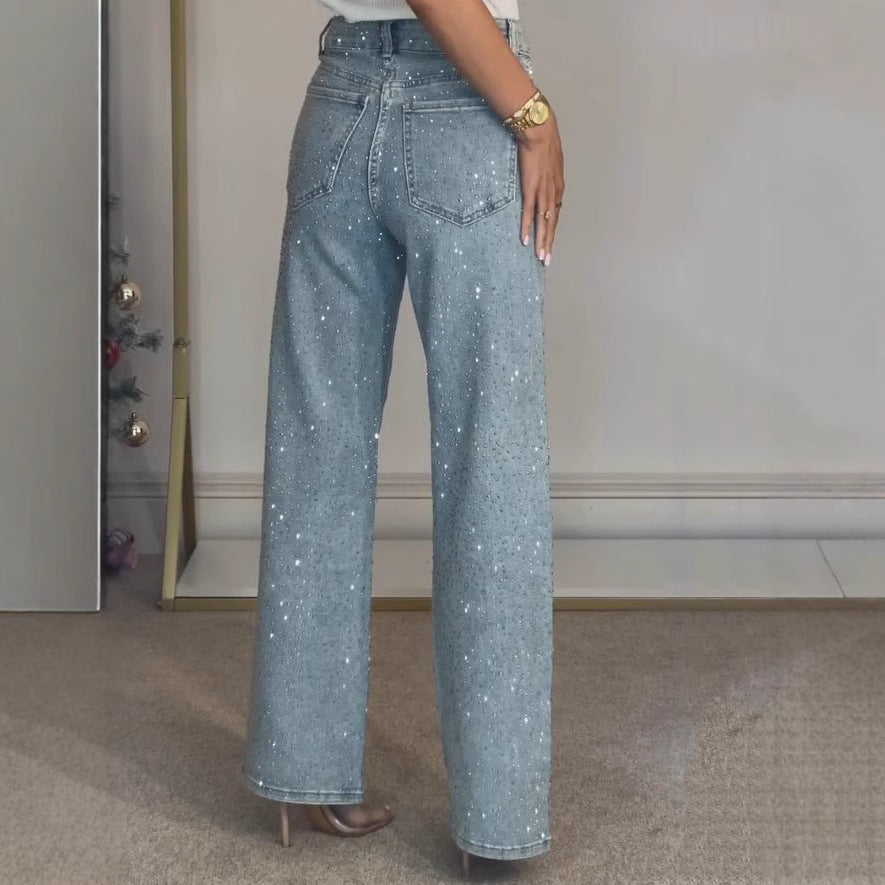 Trendy High-End Streetwear High Waist Jeans met Rechte Pijpen en Strass-steentjes voor Dames & Plus-size