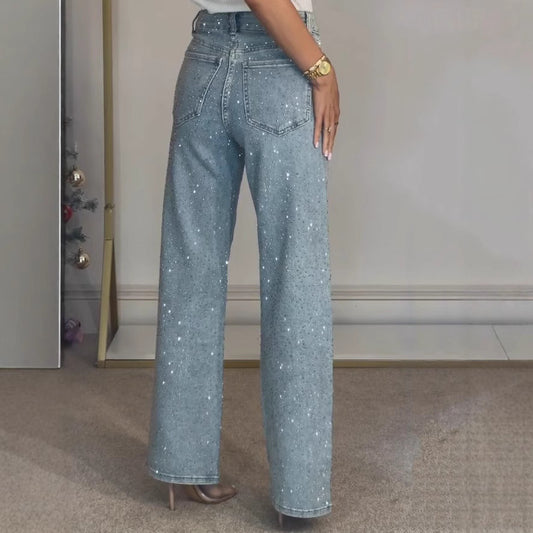 Trendy High-End Streetwear High Waist Jeans met Rechte Pijpen en Strass-steentjes voor Dames & Plus-size