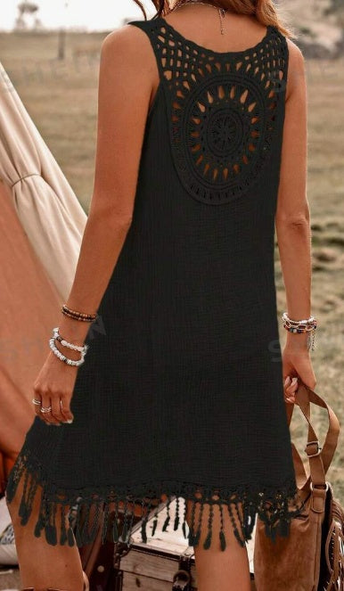 Hawaiiaanse Stijl Mouwloze Holidaya Linnen Midi-jurk met Patchwork aan Achterkant voor Dames & Plus-size